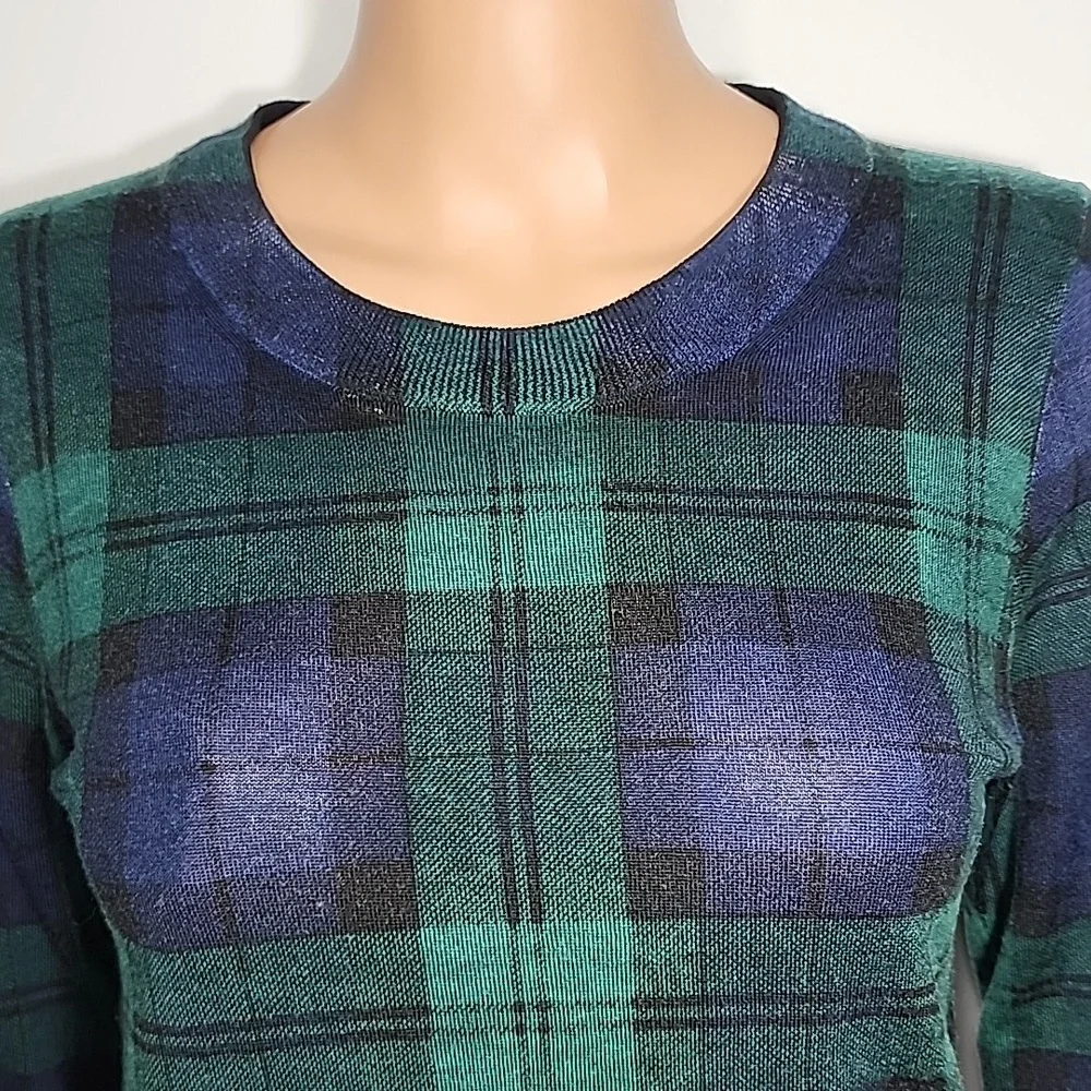 J.Crew Women’s 100% Merino Wool Sweater‎ Size S Plaid Green Blue long sleeve
